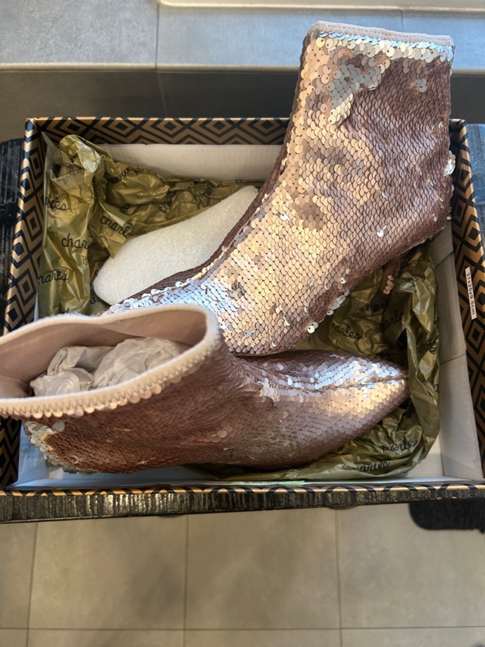 Charles David 6MM Amstel 3 Beige Sequined Stretch Ankle Boots - Picture 3 of 10